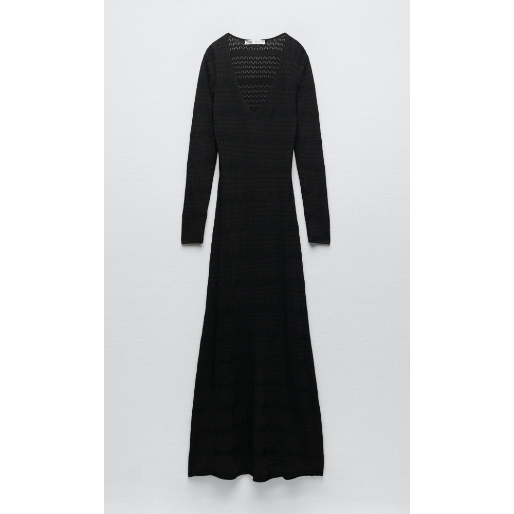 ZARA // ltd ed black pointelle knit plunge long sleeve a-line maxi dress - Picture 5 of 16